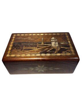 Vintage Wooden Jewelry Box Marquetry Inlay Hinged Lid 7.5x4.5x3.75" Stunning